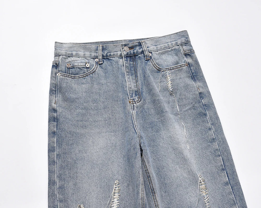 string lace up frayed washed pantalones hombre baggy blue jeans for men y2k streetwear washed casual denim trousers oversized unique jeans style 3231