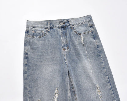 string lace up frayed washed pantalones hombre baggy blue jeans for men y2k streetwear washed casual denim trousers oversized unique jeans style 3231