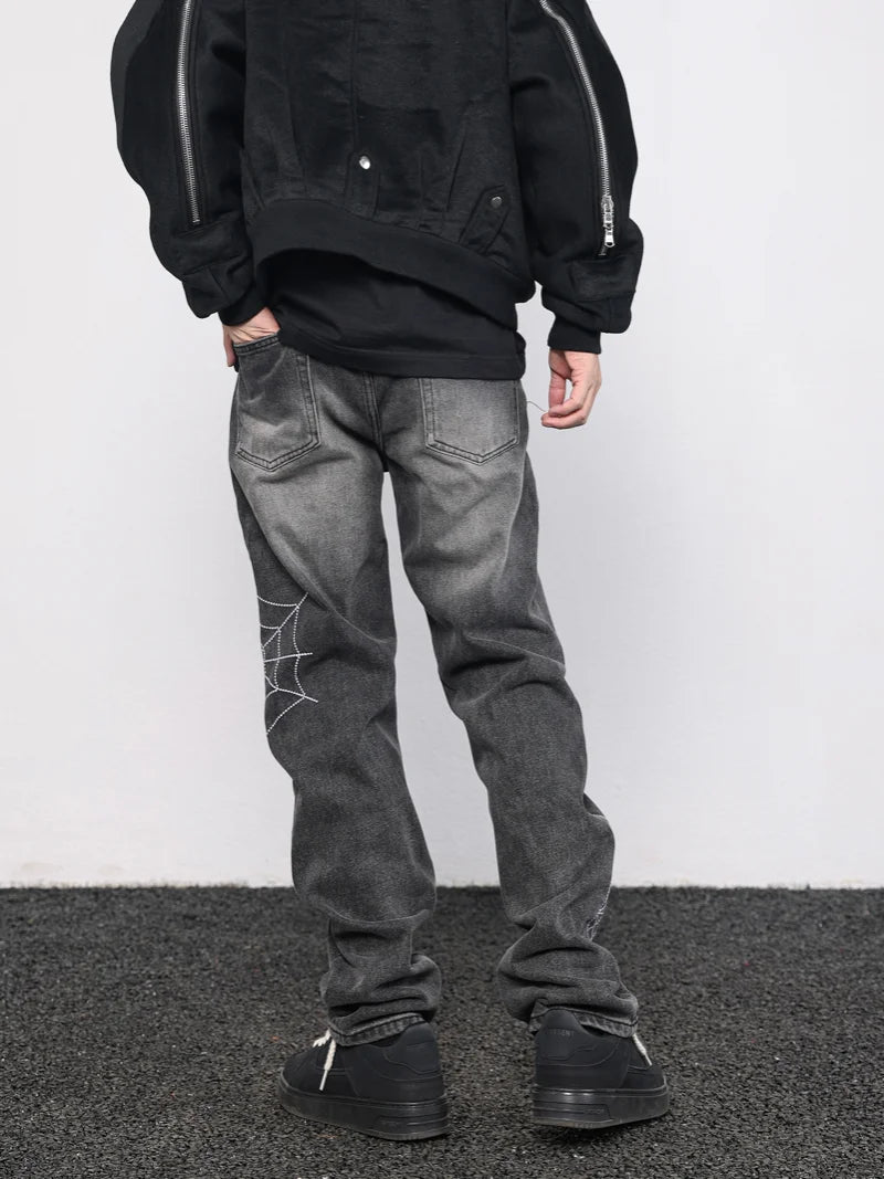 mens hip hop streetwear denim pants cobweb embroidery denim pants 2023 harajuku zipper cotton joggers jeans trousers harem pants sporty tapered joggers