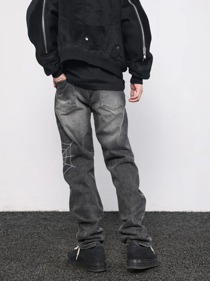 mens hip hop streetwear denim pants cobweb embroidery denim pants 2023 harajuku zipper cotton joggers jeans trousers harem pants sporty tapered joggers