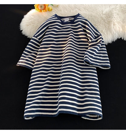 Japanese Striped Contrasting Color Short-Sleeved T-Shirt Men's Summer Pure Cotton 280g Heavy Loose Half-Sleeved T-Shirt Street King Limited