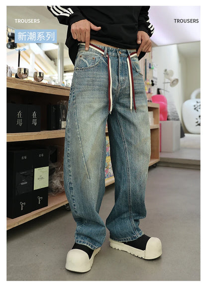 mens american streetwear fashion loose casual hip hop vintage denim baggy jeans pants man wide leg trousers y2k jeans men unique jeans style 2186