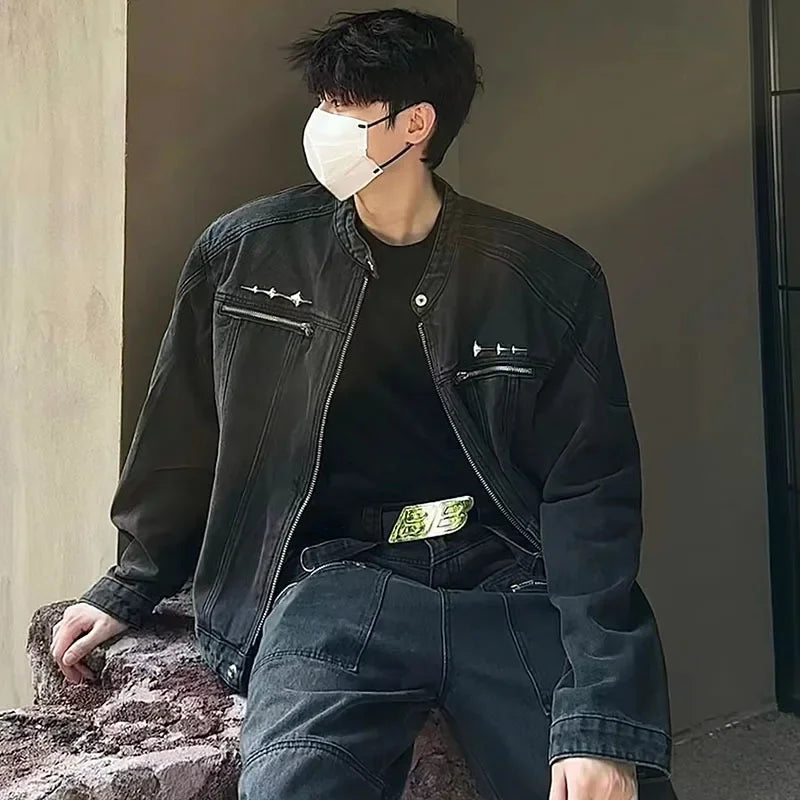 male denim jackets high street shoulder pad design patchwork solid men short coats american style loose short outwear zipper unique jeans style 3946