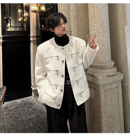 multi zipper sequin woolen jacket men french retro fashionable casual christmas jacket spring autumn coat stage show clothing unique default style 1457