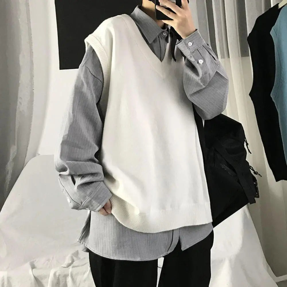 Men Sweater Vest V Neck Solid Color Sleeveless All Match Spring Sweater for School Male Pullovers Men's Clothing Streetwear Street King Limited