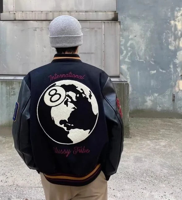 american retro high street embroidered jacket splicing print black eight baseball jacket 2024street wear baseball uniform jacket minimalist street pants
