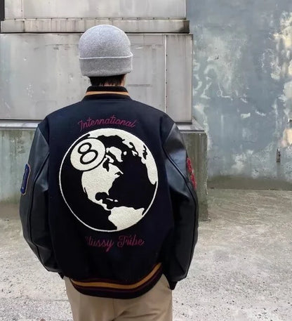 american retro high street embroidered jacket splicing print black eight baseball jacket 2024street wear baseball uniform jacket minimalist street pants
