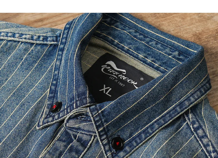 Amekaji VIntage Denim Shirt Men Spring Autumn New Lapel Multi-pocket Blue Striped Long Sleeve Cargo Shirt  Casual Cardigan Tops Street King Limited