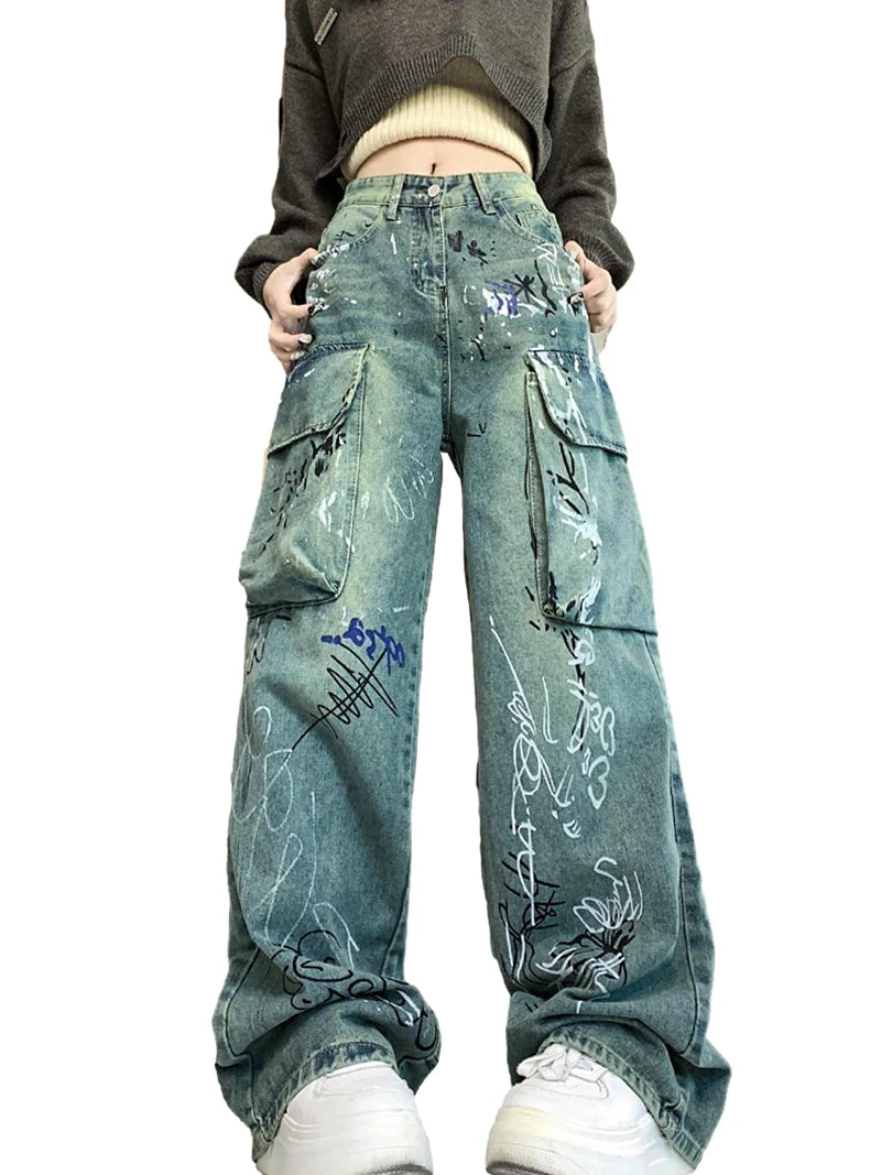 graffiti printed denim jeans unisex side pocket straight cargo jean trousers hip hop streetwear casual loose joggers jeans pants unique joggers style 2696