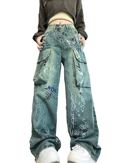 graffiti printed denim jeans unisex side pocket straight cargo jean trousers hip hop streetwear casual loose joggers jeans pants unique joggers style 2696