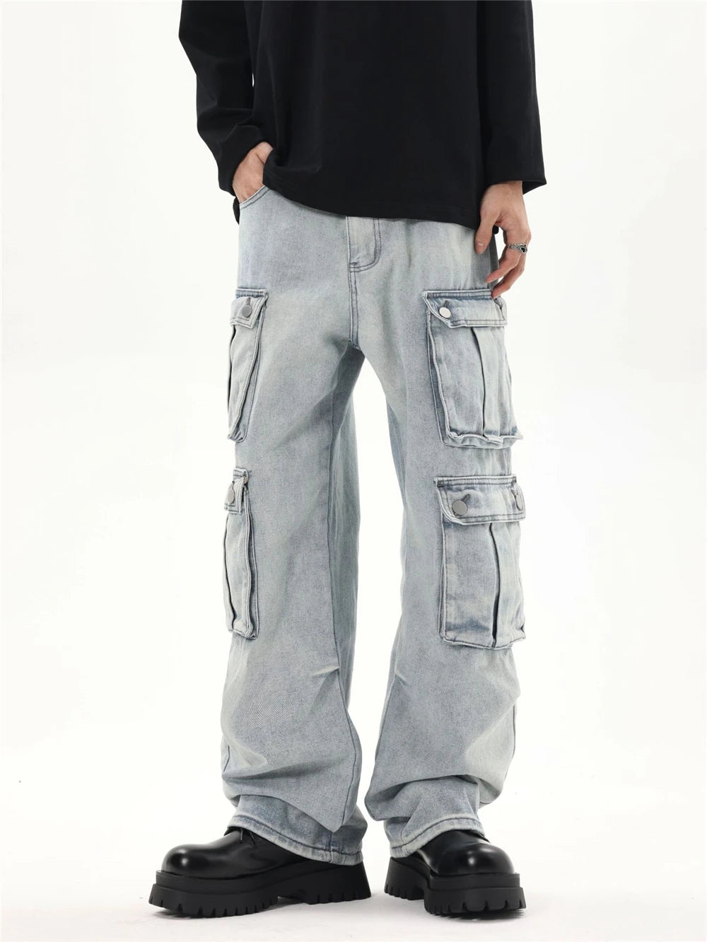 2024 multi pocket jeans vintage mens harajuku cargo denim pants retro hip hop straight loose jean pants unique cargo style 1002