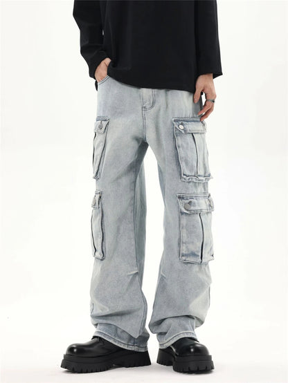 2024 multi pocket jeans vintage mens harajuku cargo denim pants retro hip hop straight loose jean pants unique cargo style 1002