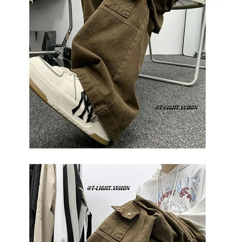 american hip hop large pocket workwear pants for men and women in autumn trend loose fitting straight leg casual wide leg pants unique default style 4768