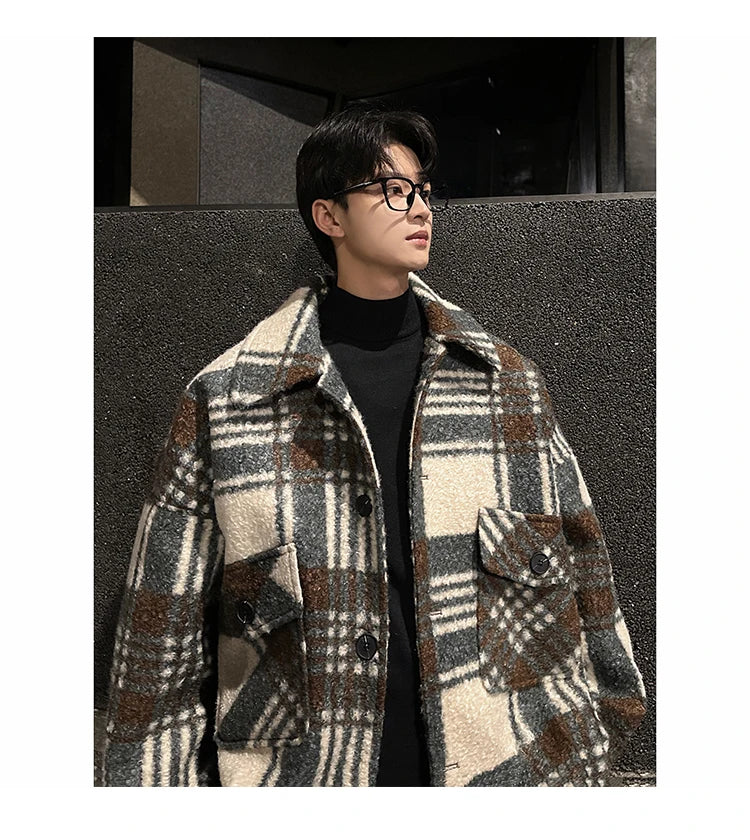 autumn winter campus boy plaid woolen coat men streetwear fashion loose casual retro thick jacket man bomber coat outerwear unique default style 952