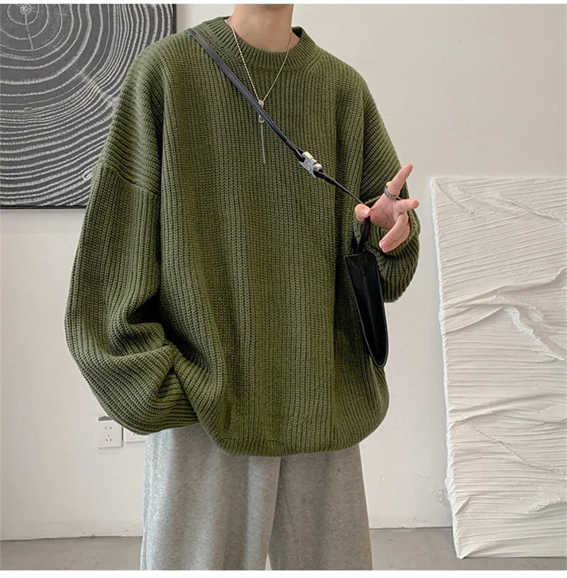 2023 Autumn Crew Neck Solid Color Pullover Sweaters For Men Casual Y2K Knitted Sweater High Street Fashion Jumpers Hombre Street King Limited