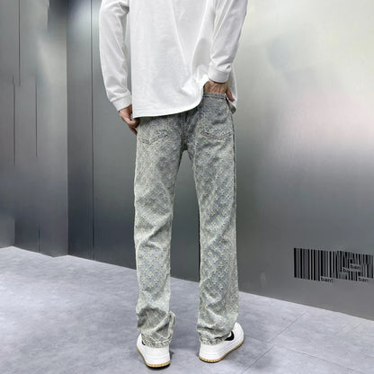 Men Wide Leg Denim Pants High Street American Retro Jacquard Loose Straight Jeans Y2K Fashion Streetwear Baggy Trousers Street King Limited