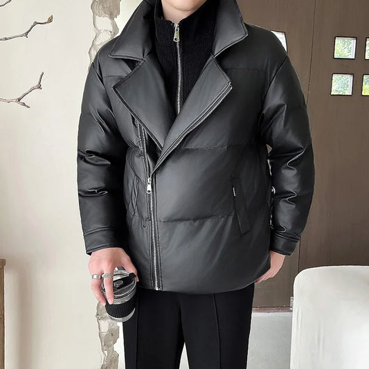 Winter Splice Collar Cotton-padded Leather Jacket Men Streetwear Fashion Loose Casual Thicken Warm Leather Parkas Coat Jacket Street King Limited