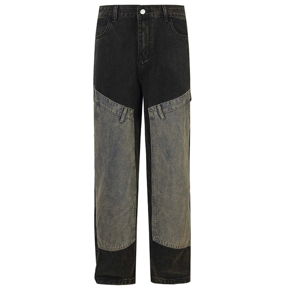 vintage black mens jeans patchwork hip hop baggy jeans man streetwear harajuku loose straight denim pants stacked flare jeans