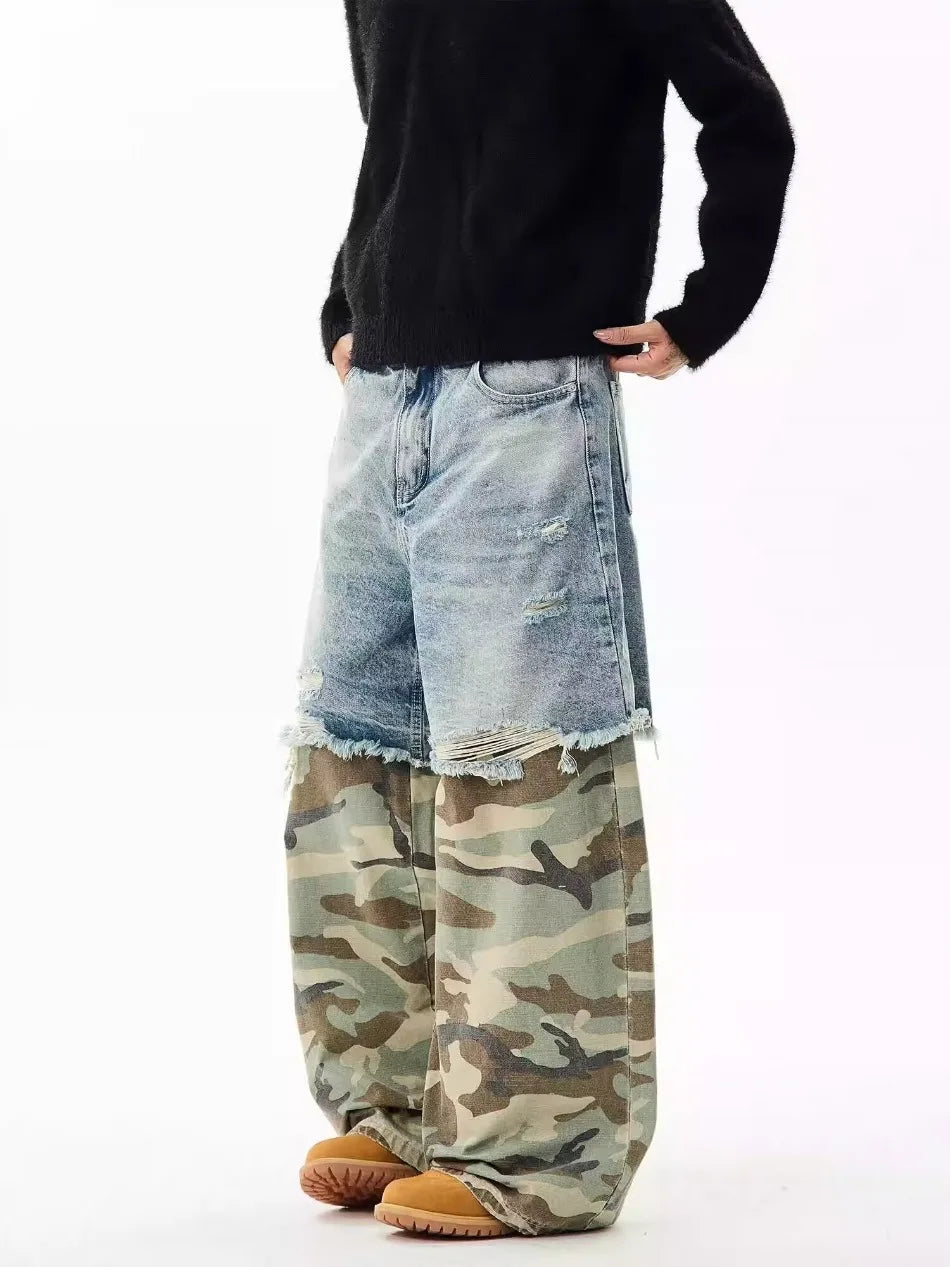 Camouflage Patchwork Jeans Mens Fake Two Items Street Punk Unisex Denim Pants Multiple Pockets Blue Size S-3XL Cowboy Trousers Street King Limited