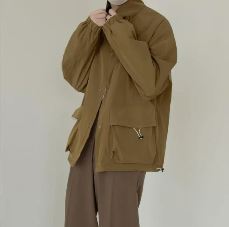 japanese spring jacket mens single breasted stand collar harajuku unisex coats solid big pocket drawstring casual men outwear unique default style 1871