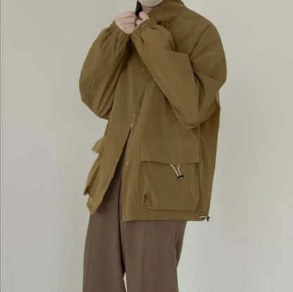 japanese spring jacket mens single breasted stand collar harajuku unisex coats solid big pocket drawstring casual men outwear unique default style 1871