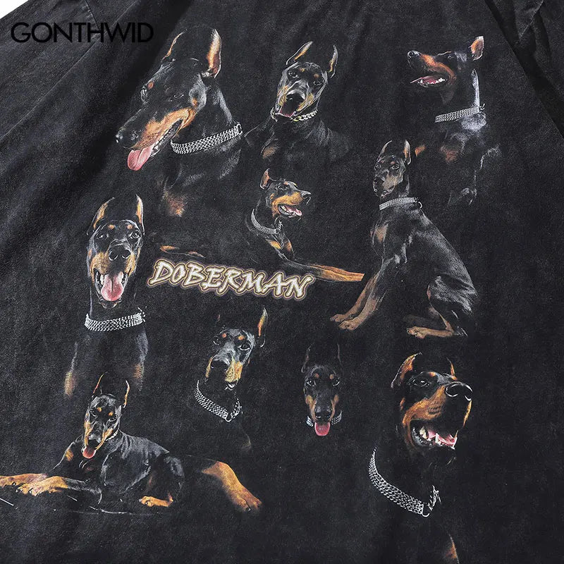 Oversize Distressed T Shirts Hip Hop Vintage Doberman Dog Print Punk Rock Gothic Tshirt Streetwear 2023 Harajuku Casual T-Shirt Street King Limited