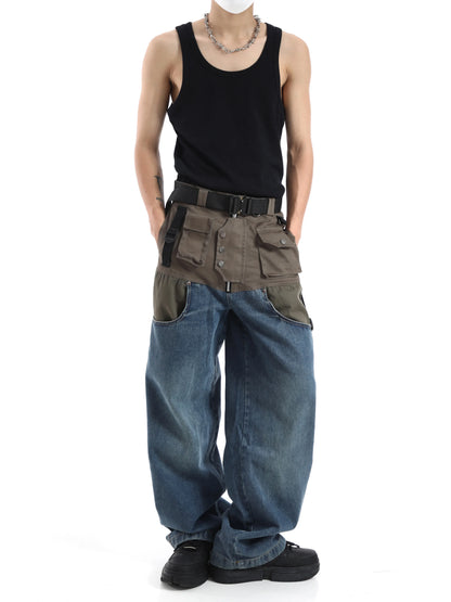 high street cargo pocket patchwork denim jeans pants unisex fashion loose wide leg straight functional tactics pants joggers men unique joggers style 738