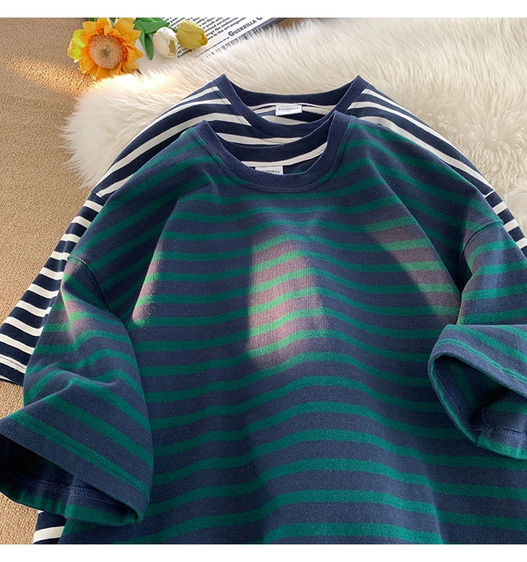 Japanese Striped Contrasting Color Short-Sleeved T-Shirt Men's Summer Pure Cotton 280g Heavy Loose Half-Sleeved T-Shirt Street King Limited