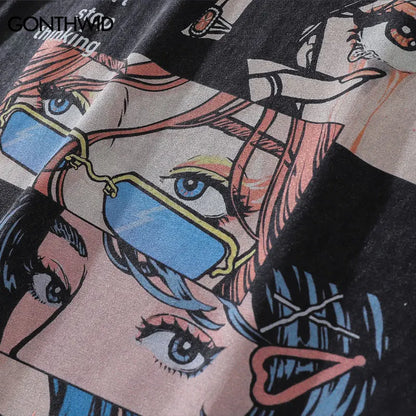 Distressed Oversize T Shirt Streetwear Japanese Anime Eyes Print Retro Tshirt 2023 Hip Hop Casual Cotton Loose T-Shirt Black Street King Limited