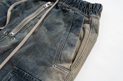 RO Style Gradient Ribbons Multi-pockets Drawstring Jeans for Men Harajuku Streetwear Baggy Y2K Denim Trousers Oversized Cargos Street King Limited