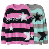 Men Sweater Rivet Stars Contrast Color Striped Jumper American Retro Loose Casual Pullover Harajuku O Neck Couple Knitwear Street King Limited