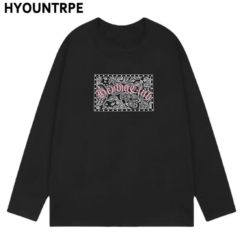 Hip Hop Streetwear T Shirt Paisley Graphic Print Harajuku T-Shirt 2023 Mens Cotton Long Sleeve Tshirt Loose Oversized Streetwear Street King Limited