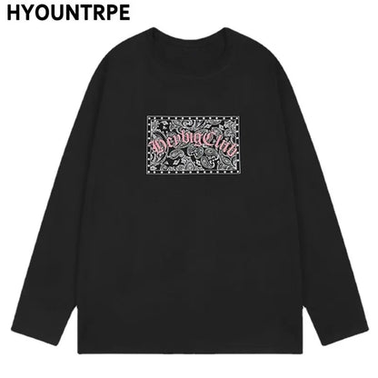 Hip Hop Streetwear T Shirt Paisley Graphic Print Harajuku T-Shirt 2023 Mens Cotton Long Sleeve Tshirt Loose Oversized Streetwear Street King Limited