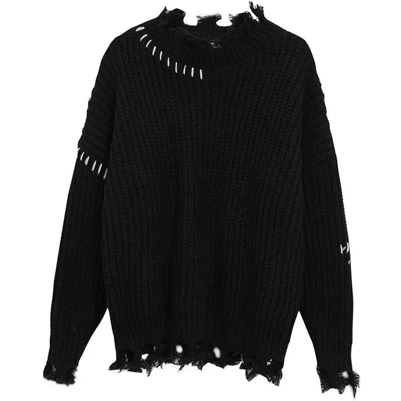 Deeptown Goth Punk Women's Ripped Knitted Sweater Gothic Vintage Jumper Grunge Y2k Knitwear Oversized Autumn Fashion Harajuku Street King Limited