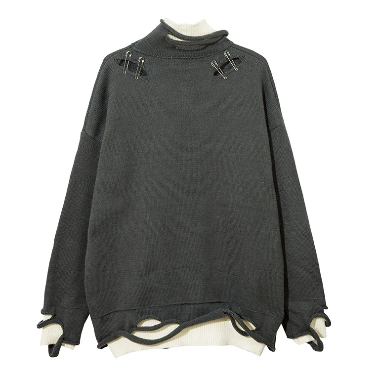 Men Knitted Sweater Harajuku Fake Two Pieces Loose Sweater Casual Ripped Holes Shoulder Long Sleeve Pullover Streetwear Sweaters Street King Limited