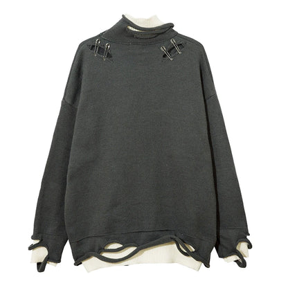 Men Knitted Sweater Harajuku Fake Two Pieces Loose Sweater Casual Ripped Holes Shoulder Long Sleeve Pullover Streetwear Sweaters Street King Limited