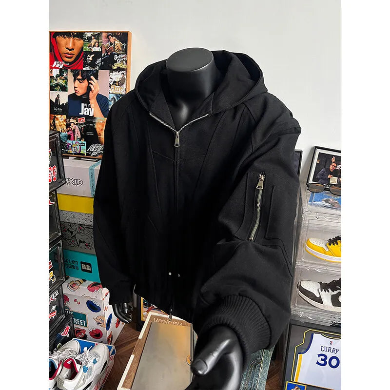 spring autumn hood bomber jacket men streetwear fashion loose casual hooded short cargo jacket cityboy coat outerwear unique cargo style 258