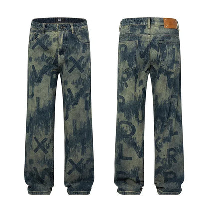 men loose casual american high street hip hop vibe printed denim baggy jeans pants man streetwear ripped jeans trousers denim street jeans