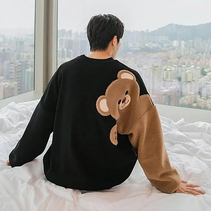 Long-sleeved Round Neck Sweater Lamb Hair Embroidery Flocking Sweater Loose Warm Winter Men's Bear Street King Limited