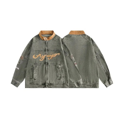motorcycle hip hop mens cowboy jackets autumn 2024 embroidered washed trend denim coats stand collar color blocking outwear unique jeans style 2769