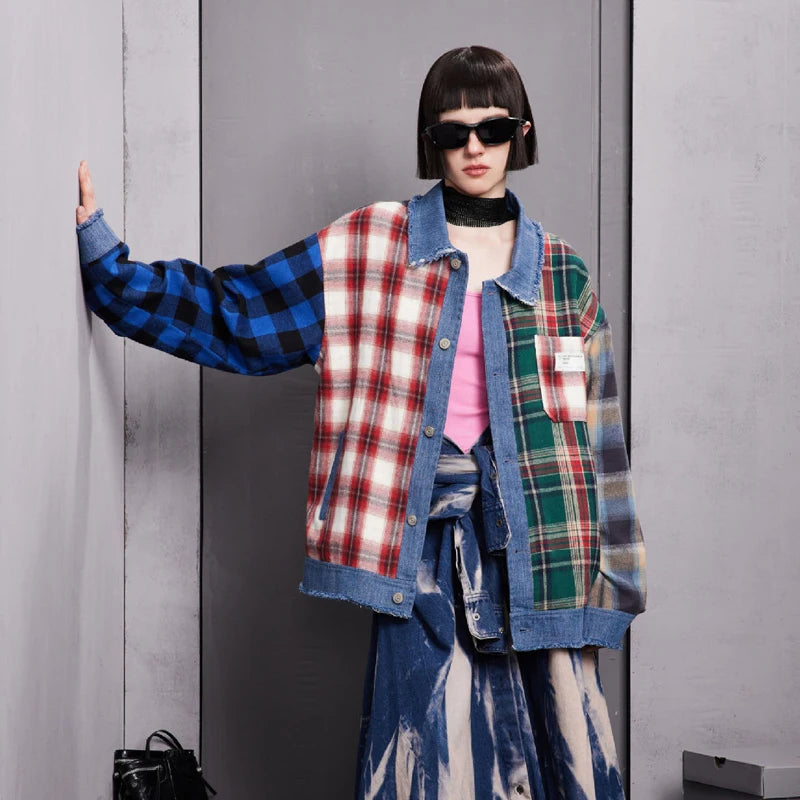 men hip hop denim jacket plaid patchwork oversized harajuku y2k unisex jeans jackets 2023 man fashion causal jacket outwear denim street jeans