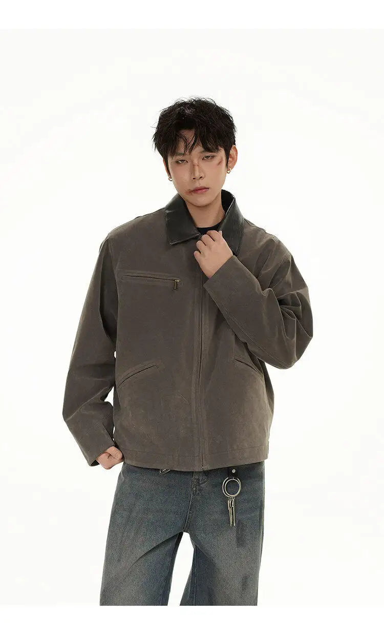 2025 american streetwear retro leather collar bomber jacket men loose casual fashion short cargo jacket spring autumn coat unique cargo style 449