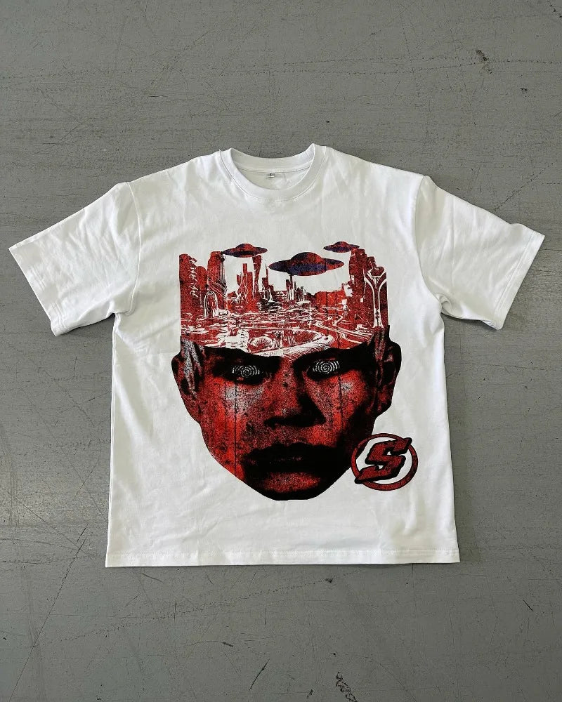 Y2K fashionable gothic punk devil pattern printed T-shirt men's streetwear casual loose versatile oversized tops for couples Street King Limited