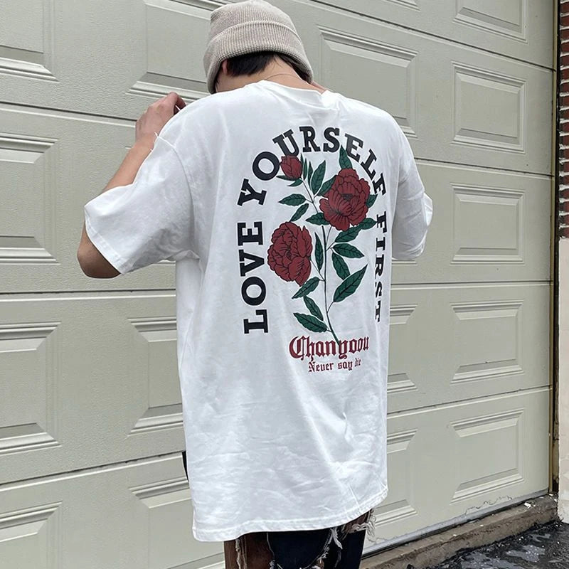 Retro back rose print washed distressed t-shirt national fashion brand pure cotton short-sleeved men's couple wear half-sleeved Street King Limited