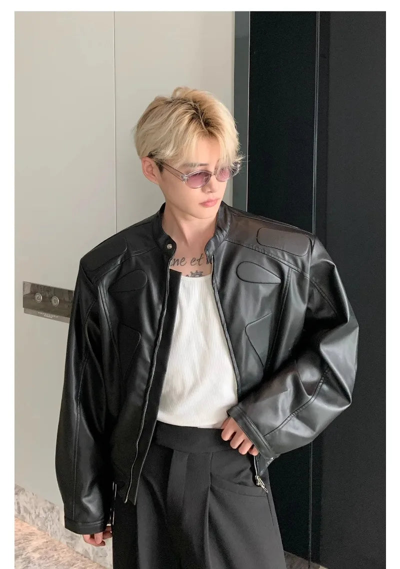 high street motorcycle pu leather jacket men hip hop trend shoulder padded coat street fashion stand collar zipper short outwear unique shorts style 1958
