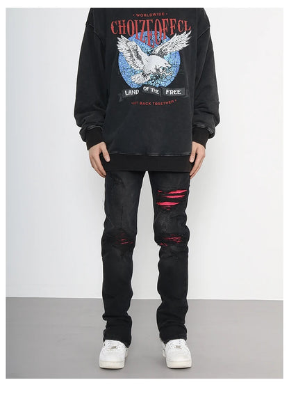 knee ripped patchwork jeans for men hip hop skinny biker taped jean trouser slim fit black denim pants fashion streetwear jogger unique joggers style 2013