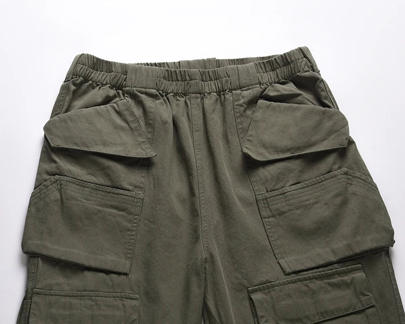 Harajuku Multi-pockets Straight Flare Pants Mens High Street Elastic Waist Solid Loose Casual Cargo Pants Hip Hop Baggy Trousers Street King Limited