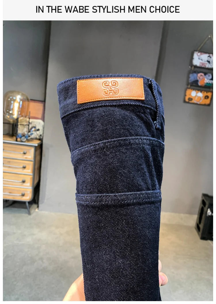 men streetwear splice denim fashion brand hip hop loose casual straight jeans pant cityboy deep blue y2k jeans trousers for men unique jeans style 1768