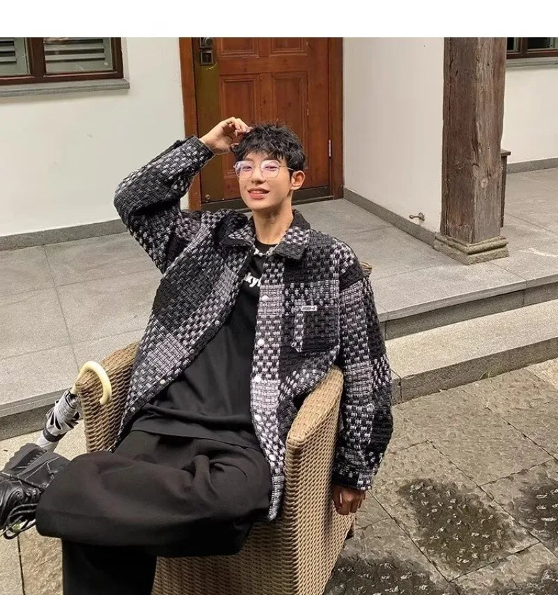 high street lattice mens jackets woven fabric single breasted loose harajuku shirt coats letter embroidered casual male tops unique default style 1811