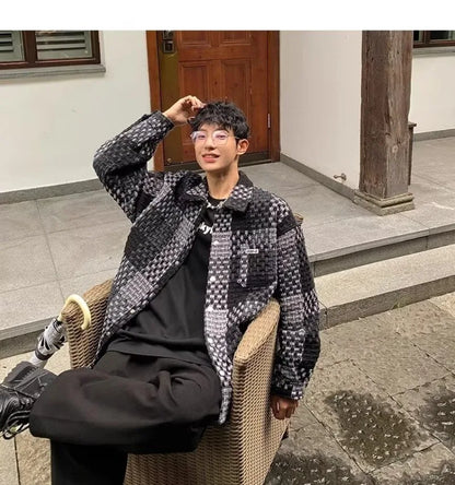 high street lattice mens jackets woven fabric single breasted loose harajuku shirt coats letter embroidered casual male tops unique default style 1811